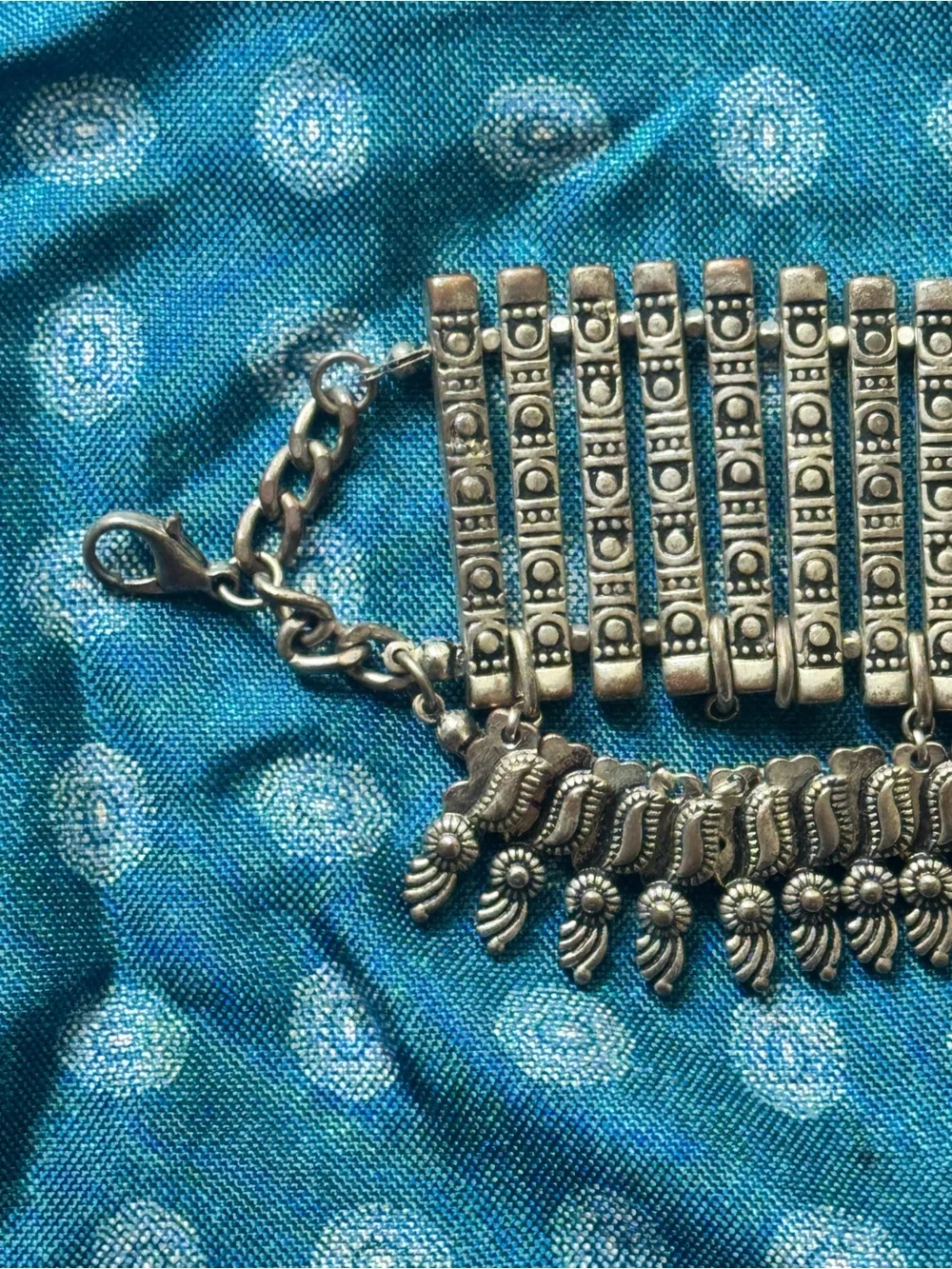 Ornate Silver Tone Wide Cuff Bracelet Boho Tribal Statement Fringe